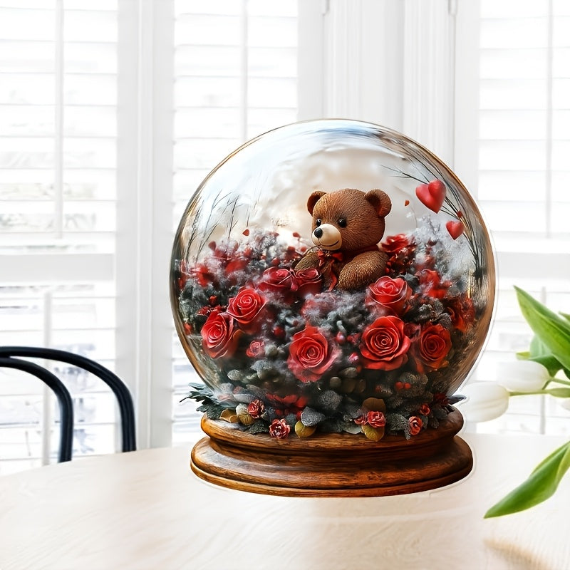 NNETM Acrylic Crystal Ball Ornament with Teddy Bear and Roses