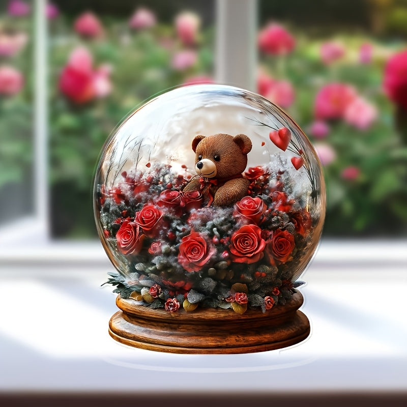NNETM Acrylic Crystal Ball Ornament with Teddy Bear and Roses